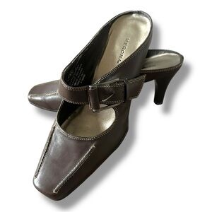 Y2K Merona Chocolate Brown Leather Heeled Buckle Mule Slides Women’s Size 8.5